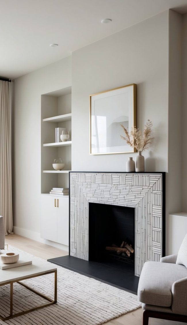 White tiled fireplace with structured grid layout and black grout lines, wrapped in a slim black frame.