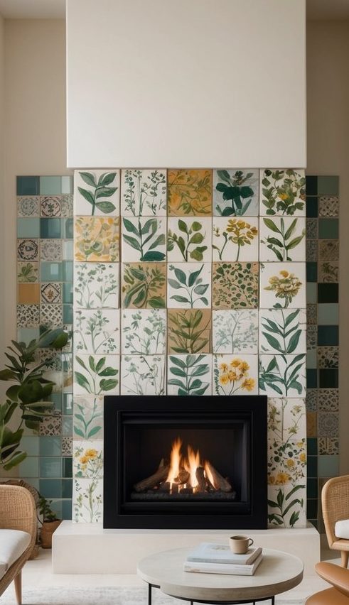 Fireplace wall with botanical-themed ceramic tiles depicting plants and florals, framed by patterned and colored tile accents.