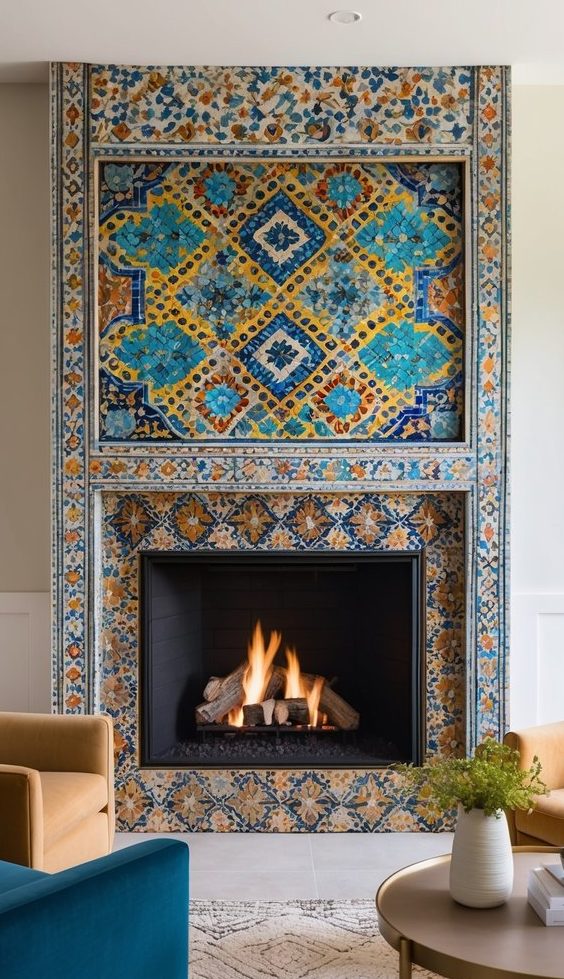 Full fireplace surround covered in Persian floral and geometric tilework with bright blue and orange hues in a mural layout.