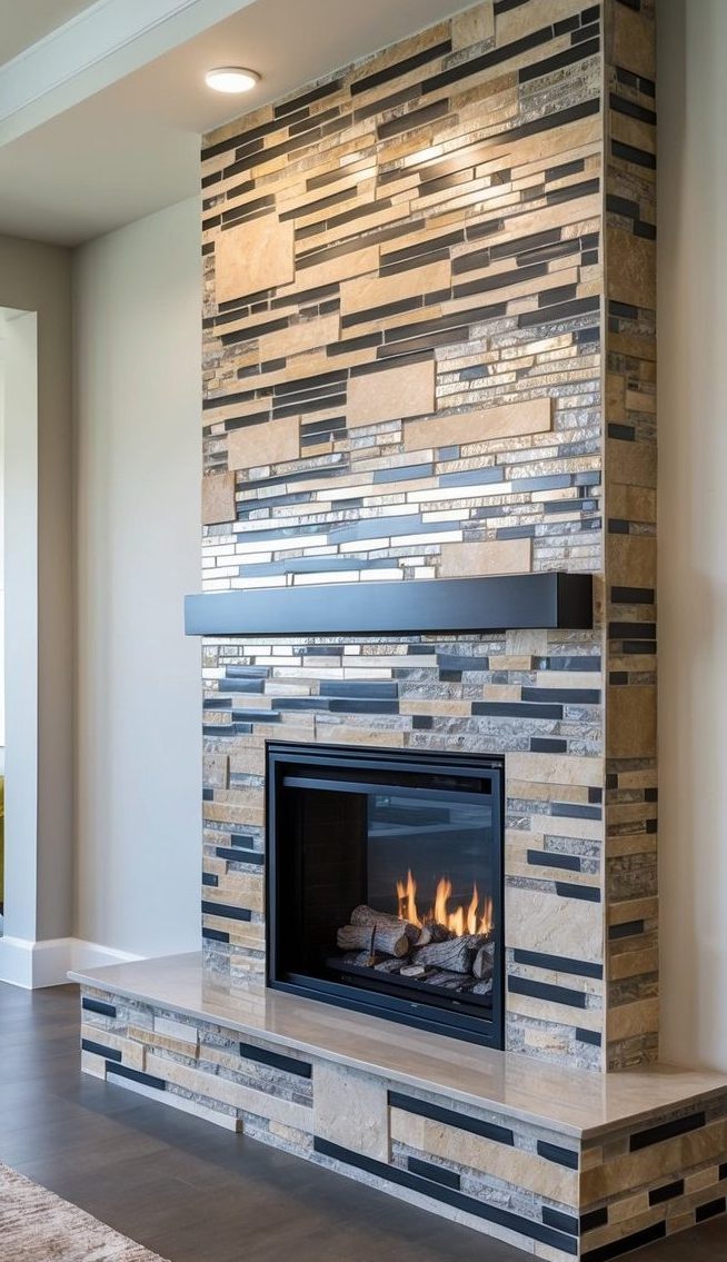 Fireplace surround with alternating textures of natural stone and metallic glass tiles arranged in layered horizontal panels.