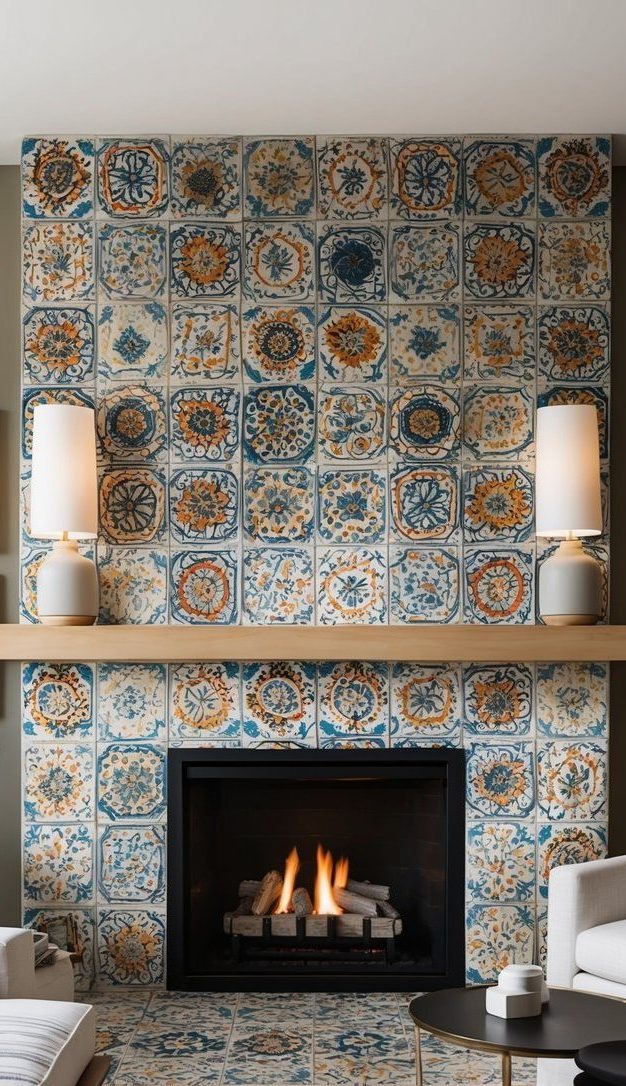 Fireplace surrounded by garden-inspired hand-painted ceramic tiles in blue and mustard with floral motifs, continuing onto hearth.