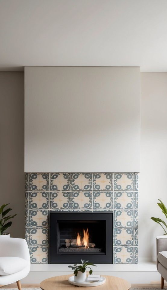 Fireplace with matte geometric tile surround in pale beige and gray-blue, set against a clean white wall and black firebox.