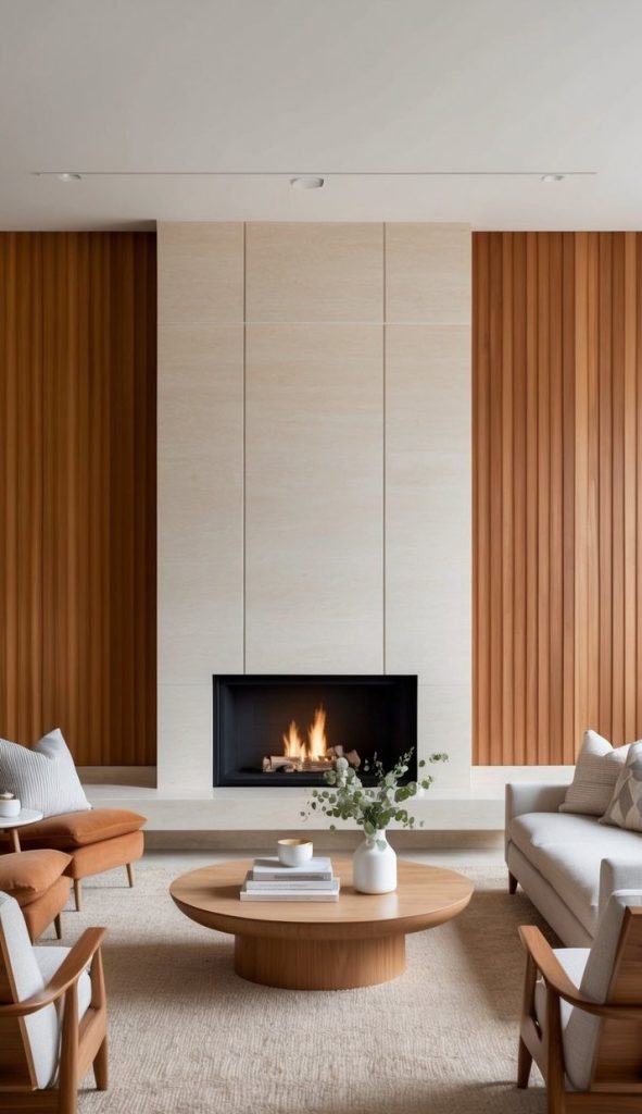 A modern living room featuring a minimalist design with a cream-colored stone fireplace at the center, surrounded by vertical wooden panels. Two stylish armchairs, one with orange upholstery, face each other across a round wooden coffee table that holds books and a small vase of greenery. A cozy white sofa sits adjacent, and the room is adorned with a light beige area rug.