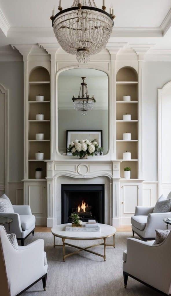 A stylish living room featuring a large crystal chandelier above a fireplace. The fireplace is framed by an elegant mantelpiece, with a large mirror and a floral arrangement above it. Two light gray armchairs with patterned cushions are positioned by a round coffee table, which holds decorative items. The walls are painted in neutral tones, and shelving units on either side of the fireplace display small plants and decorative vases.