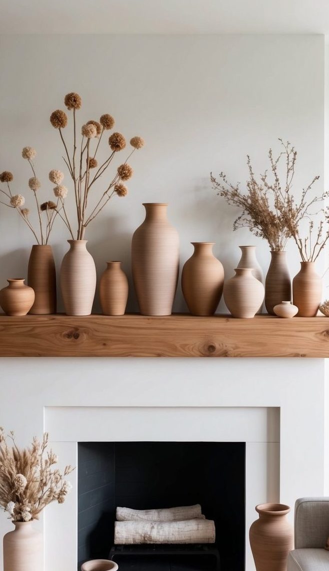 Rustic wood mantel with assorted clay vases and dried florals above a clean-lined white fireplace.