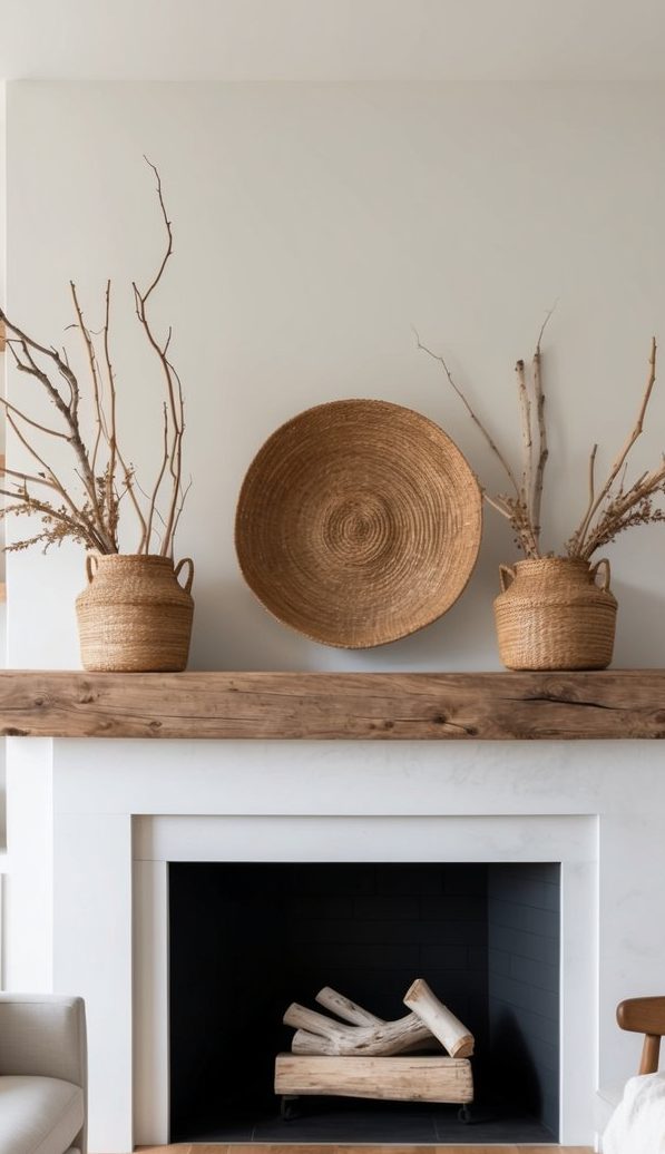 Fireplace with a raw wood mantel styled with woven baskets, dried branches, and a large round seagrass wall accent.