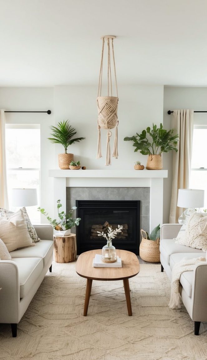 White fireplace mantel with hanging macramé planter and woven baskets holding greenery in a soft neutral-toned living room.