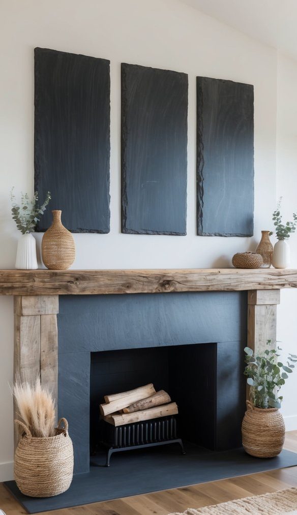 Fireplace with reclaimed wood mantel, dark slate tile surround, and neutral woven and ceramic decor accents.