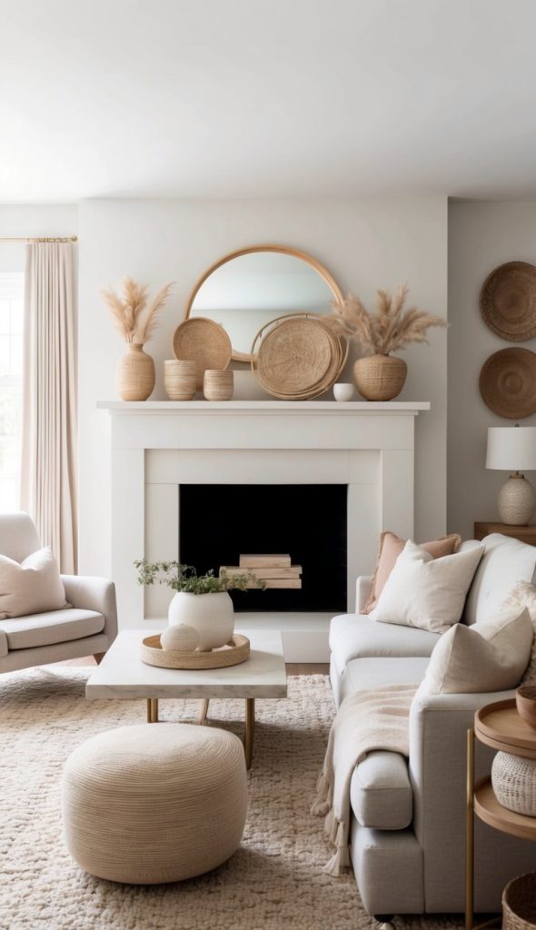 A modern living room featuring a white fireplace, decorated with woven baskets and pampas grass in ceramic vases. A beige sofa with textured cushions and a round knit pouf sits on a soft, plush rug, while a marble coffee table holds a decorative bowl and a small plant.