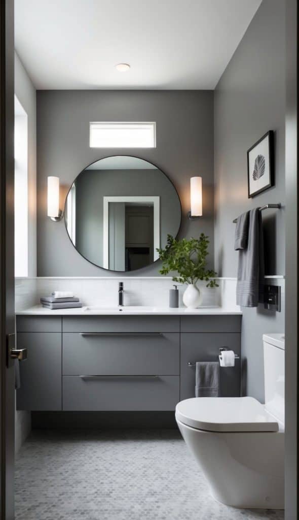 A modern bathroom featuring a round mirror above a white countertop with a sleek black faucet, gray cabinets, and a stylish light fixture. There is a potted plant on the counter, gray towels hung on a towel rack, and a white toilet in the corner, with hexagonal patterned flooring.