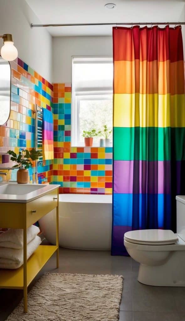 A vibrant bathroom featuring multicolored tiled walls, a rainbow shower curtain, a yellow sink cabinet with neatly stacked white towels, a large white bathtub, and a modern toilet, with natural light coming through a window and green plants on the sill.