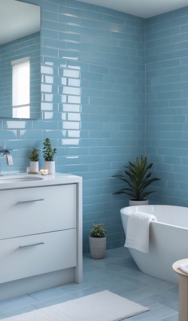 Bathroom with glossy light blue subway tiles, white floating vanity, freestanding tub, and potted plants.