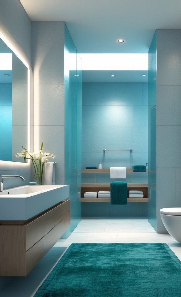 Modern bathroom with teal glass shower panels, plush teal bath mat, oak vanity, and backlit mirror in a sleek blue-toned color scheme.
