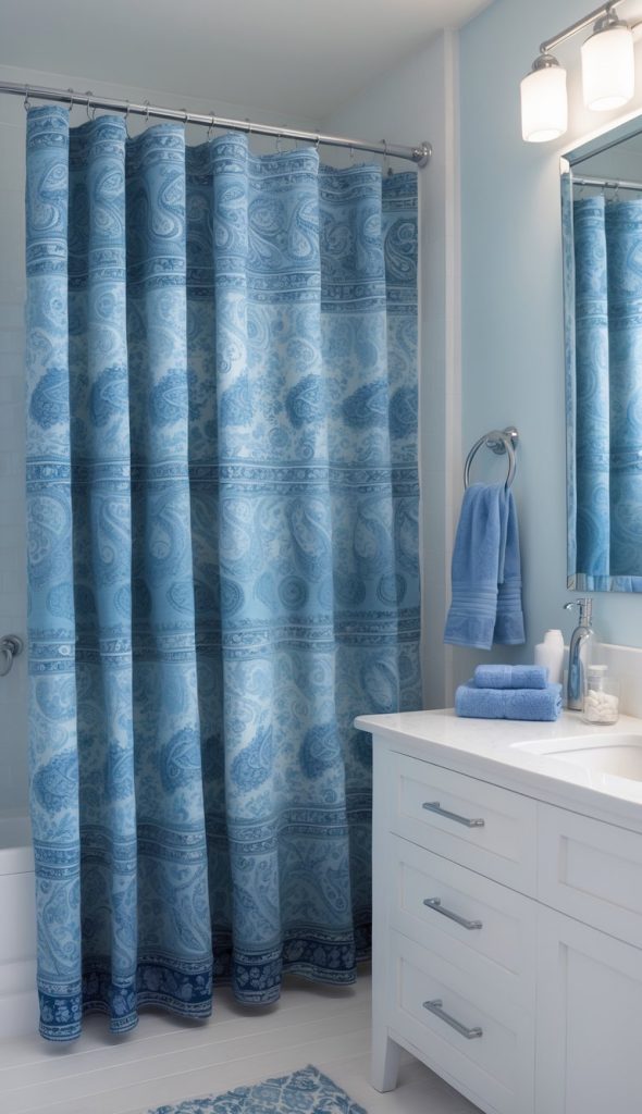 Bathroom with blue paisley shower curtain, light blue walls, white vanity, and stacked blue towels on a white countertop.