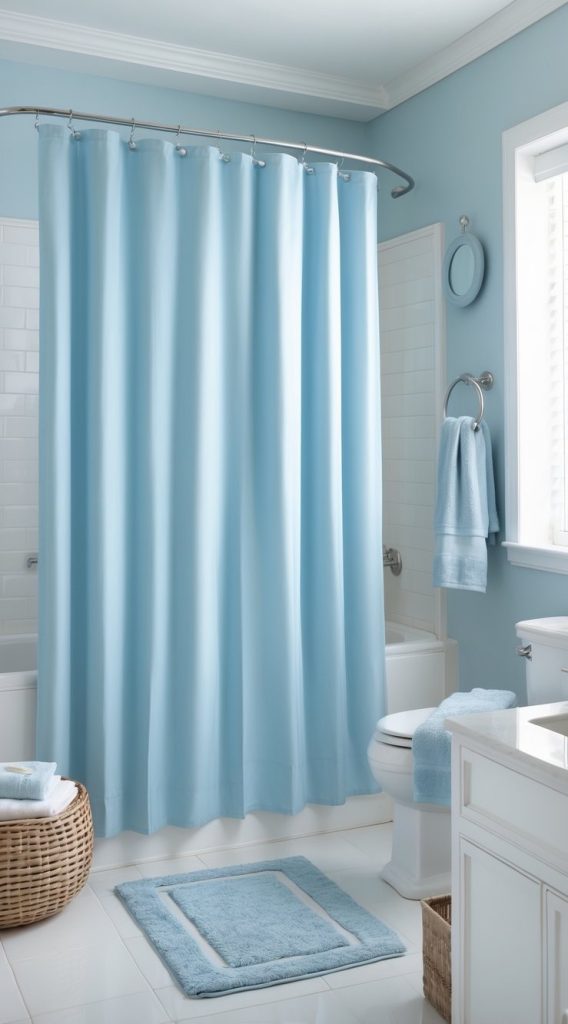 Light blue coastal-inspired bathroom with soft fabric shower curtain, terry rug, seagrass basket, and white tile floor.