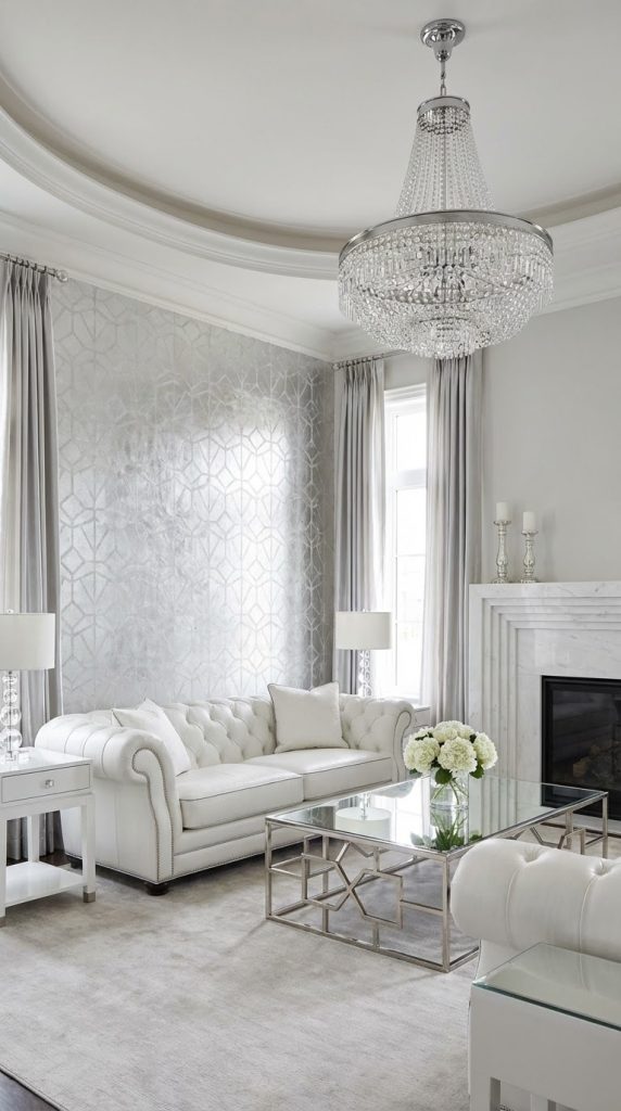 Art Deco living room idea featuring a tiered white honed marble fireplace surround with a black steel firebox interior in a refined neutral space.