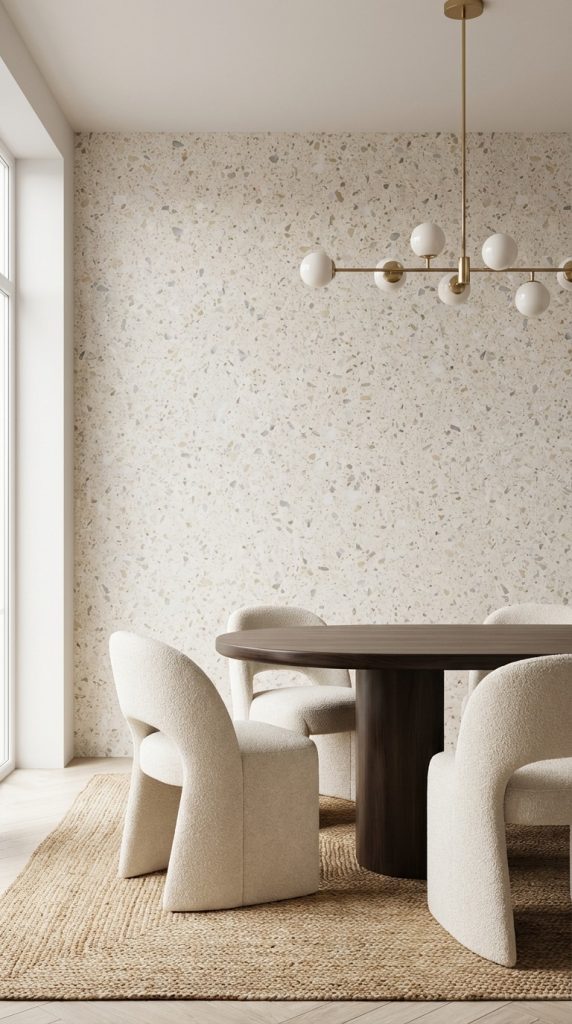 Textured Dining Room Idea with terrazzo wall panels, dark walnut pedestal table, ivory bouclé chairs, woven jute rug, and brass chandelier with frosted globes.
