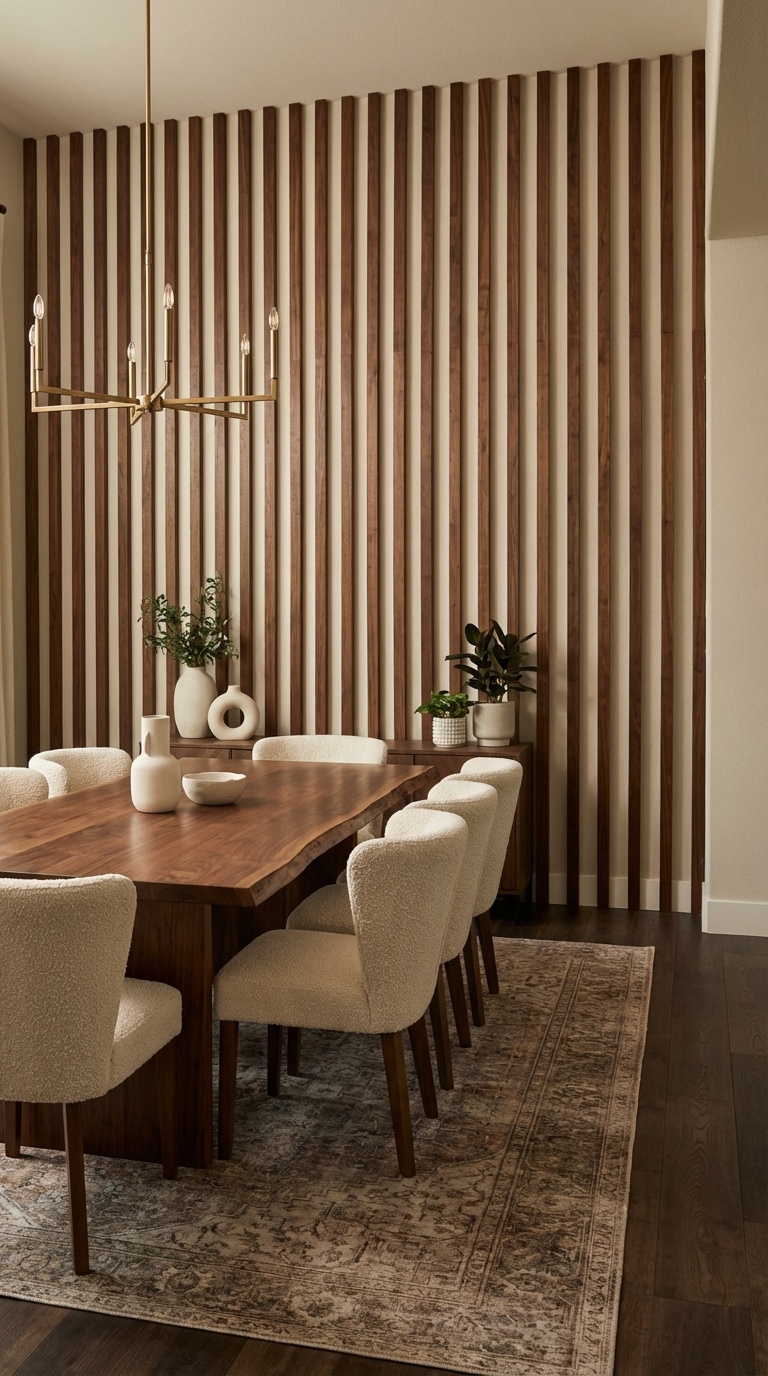 A modern dining room featuring a large wooden table surrounded by cream-colored, upholstered chairs. The wall behind has alternating vertical wooden slats in a light and dark finish, and decorative plants are positioned on the table and side. A contemporary chandelier hangs above the table, and a patterned rug is laid on the floor.