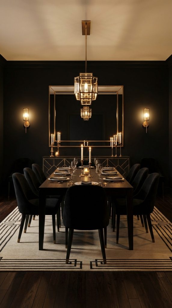 Art deco dining room idea with black paneled walls, velvet dining chairs, brass lantern pendants, geometric border rug, and symmetrical mirror detailing.