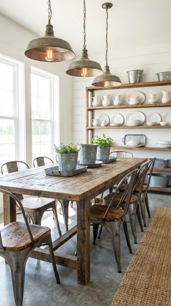 Sunlit dining space featuring reclaimed oak trestle table, galvanized steel chairs, industrial iron pendant lights, pine open shelving with white stoneware, concrete floor, and woven jute rug reflecting a vintage dining room idea.