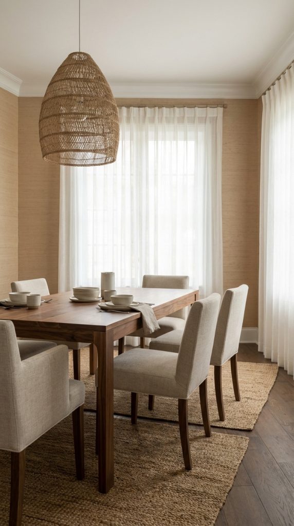 A textured dining room idea with jute grasscloth wallcovering, walnut dining table, braided natural fiber rug, beige linen chairs, and a woven rattan pendant light.