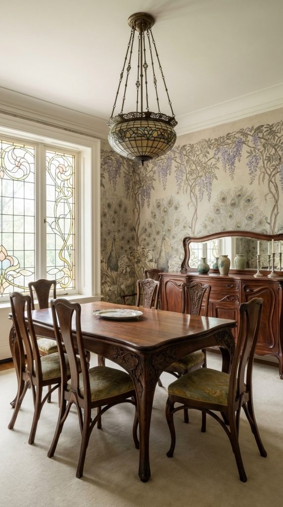 Carved hardwood dining set, botanical wallpaper with peacock motif, wooden sideboard, bronze stained glass pendant, and leaded window styled as a vintage dining room idea.