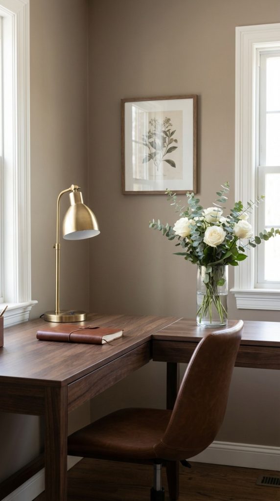 A cozy home office featuring a wooden desk with a brown leather chair, a brass desk lamp, and a vase of white roses with greenery. A framed botanical print is on the wall, and natural light streams in through window panes.