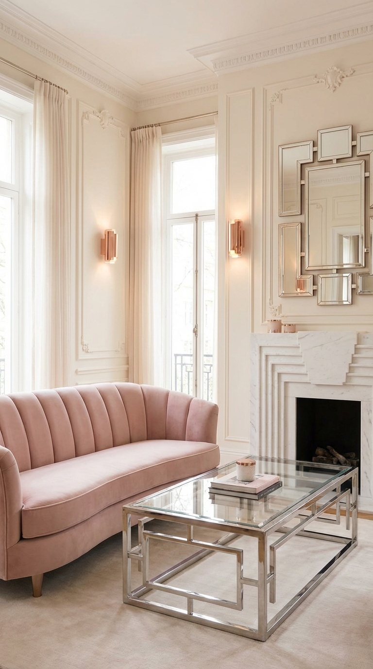 A cozy interior featuring a pink curved sofa with vertical tufting, a glass-top coffee table with a geometric silver base, large windows draped with sheer curtains, and a white marble fireplace below a decorative mirror on the wall.