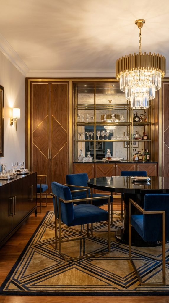 Art deco dining room idea with walnut chevron inlay cabinetry, black round table, blue velvet chairs with brass frames, crystal chandelier, and geometric area rug.