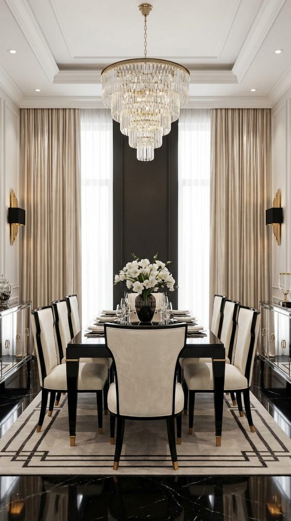 Art deco dining room idea featuring black marble floor, glossy black table, cream and black dining chairs, crystal chandelier, and tall neutral drapes.