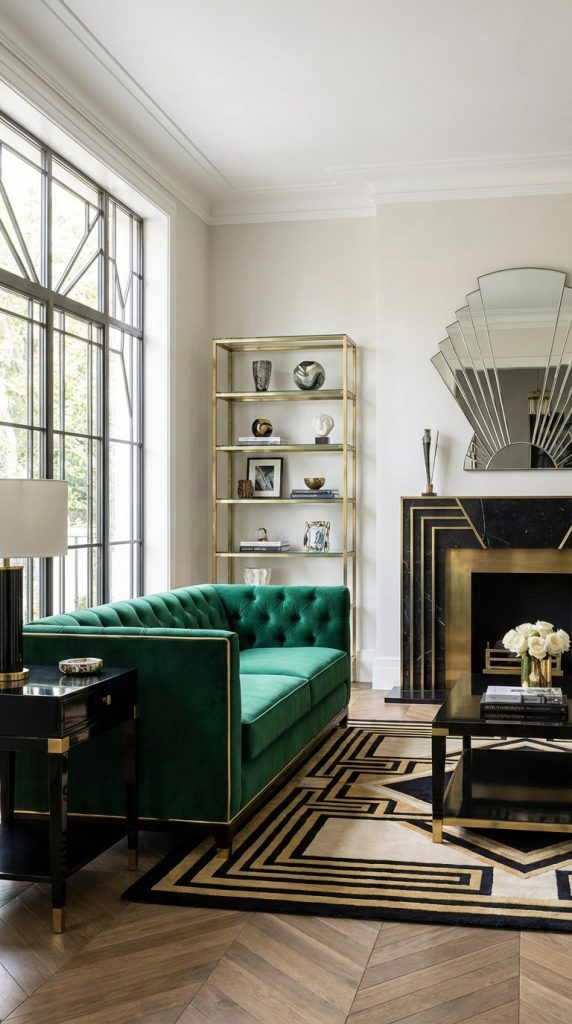 Refined art deco living room idea featuring layered black marble fireplace with brass trim, matte black firebox, fan mirror, and geometric rug.