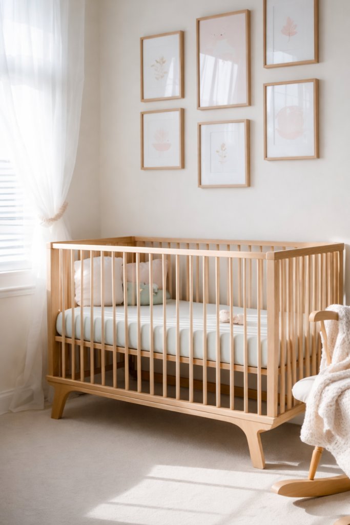 A cozy nursery featuring a wooden crib with a light-colored mattress, several decorative throw pillows, and a pair of plush toys. The crib is positioned against a softly lit wall adorned with six framed botanical prints. Sheer curtains allow natural light to filter in, and a rocking chair with a knitted throw is visible nearby.