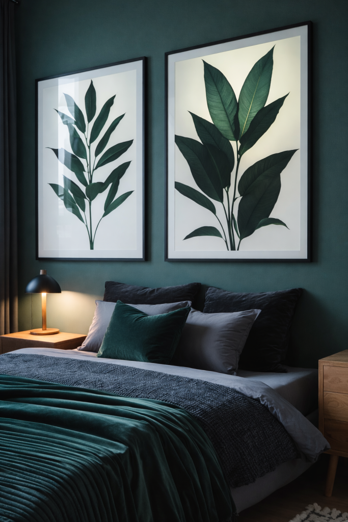 A modern bedroom featuring a dark green wall, two large framed botanical prints with leaf designs, a neatly made bed with layered bedding in shades of grey and green, and a wooden bedside table with a stylish lamp.