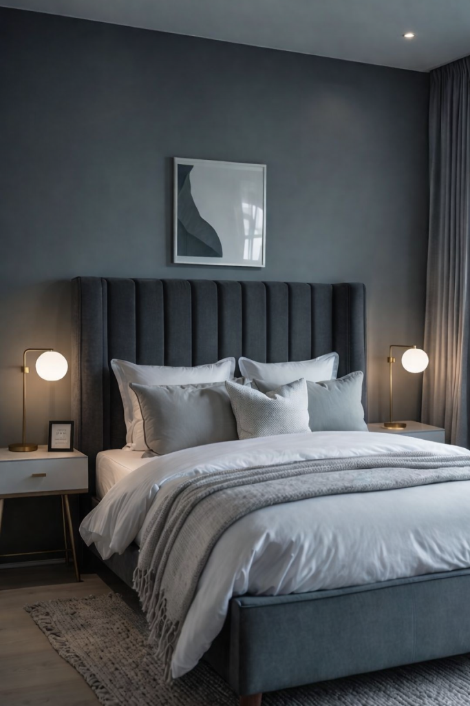 A modern bedroom featuring a gray upholstered headboard, a neatly made bed with white and gray bedding, two stylish bedside lamps, and a piece of abstract artwork on the wall, all set against a muted gray backdrop.