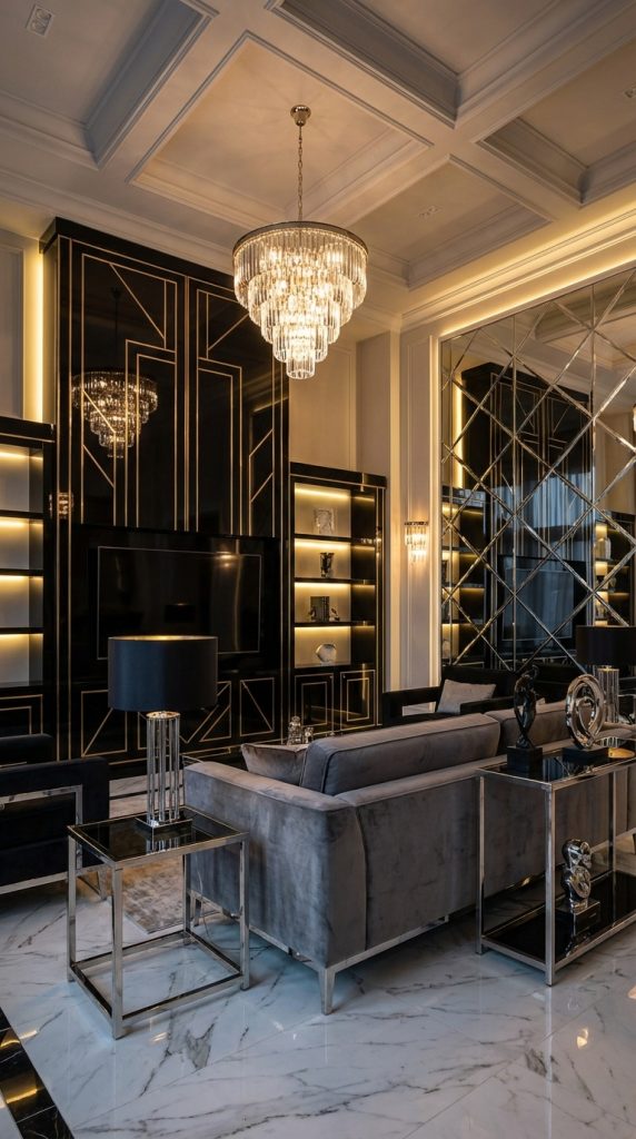 Luxurious art deco living room idea with black lacquer wall panels, brass trim detailing, crystal chandelier, mirrored accent wall, and marble flooring.