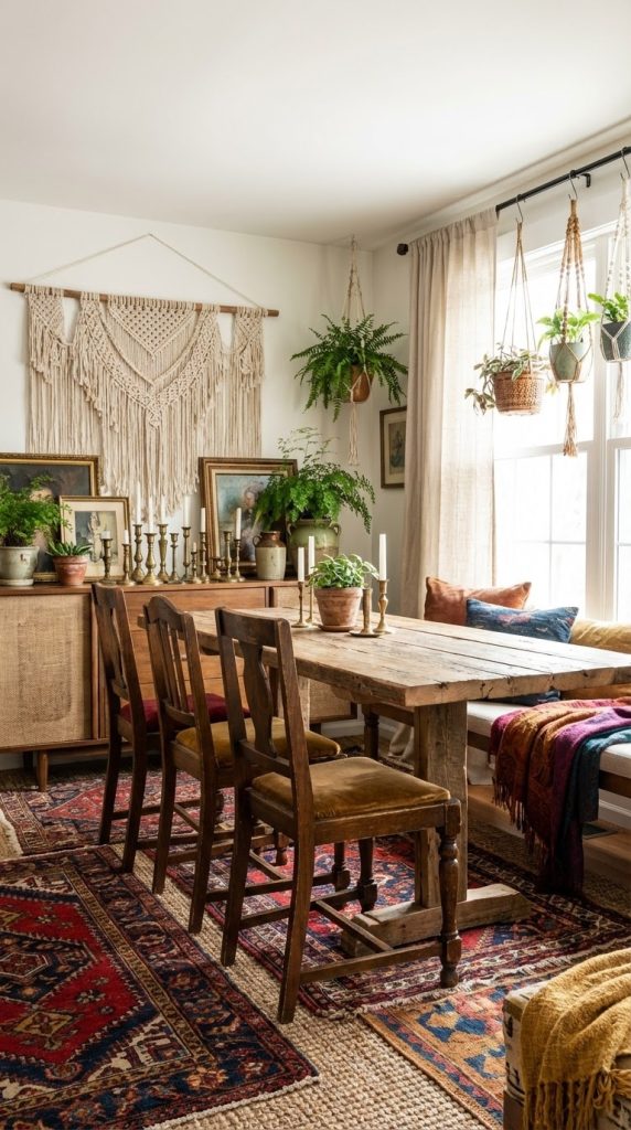 Solid wood trestle table, mustard velvet chairs, layered jute and wool rugs, cane cabinet, and hanging wicker planters in a vintage dining room idea.