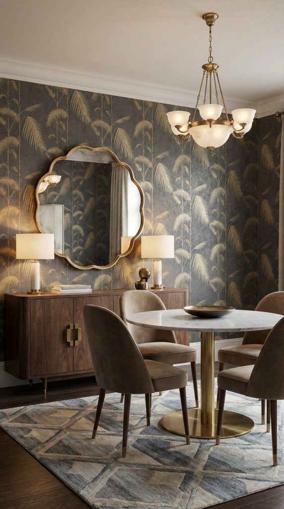 Art deco dining room idea featuring tropical palm wallpaper, gold framed mirror, walnut credenza, brass pedestal dining table, and geometric area rug.