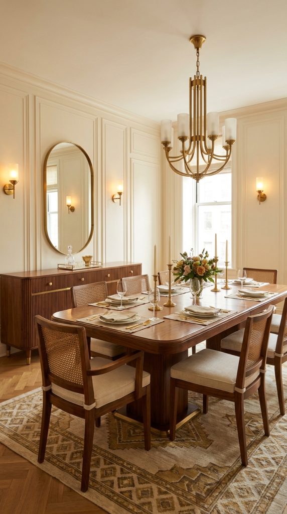 Art deco dining room idea featuring a walnut fluted sideboard beneath a brass-framed oval mirror, cane-back dining chairs, pedestal wood table, and geometric rug.
