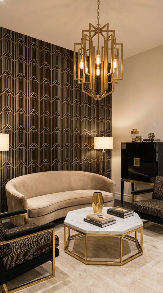 Elegant art deco living room idea featuring gold arch patterned wallpaper, brass-framed marble coffee table, curved velvet sofa, and black lacquer cabinet.