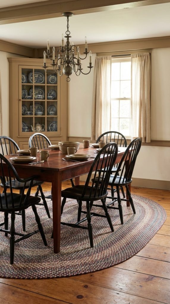 Cherry farmhouse table, black spindle Windsor chairs, wool braided rug, and colonial iron chandelier in a vintage dining room idea.