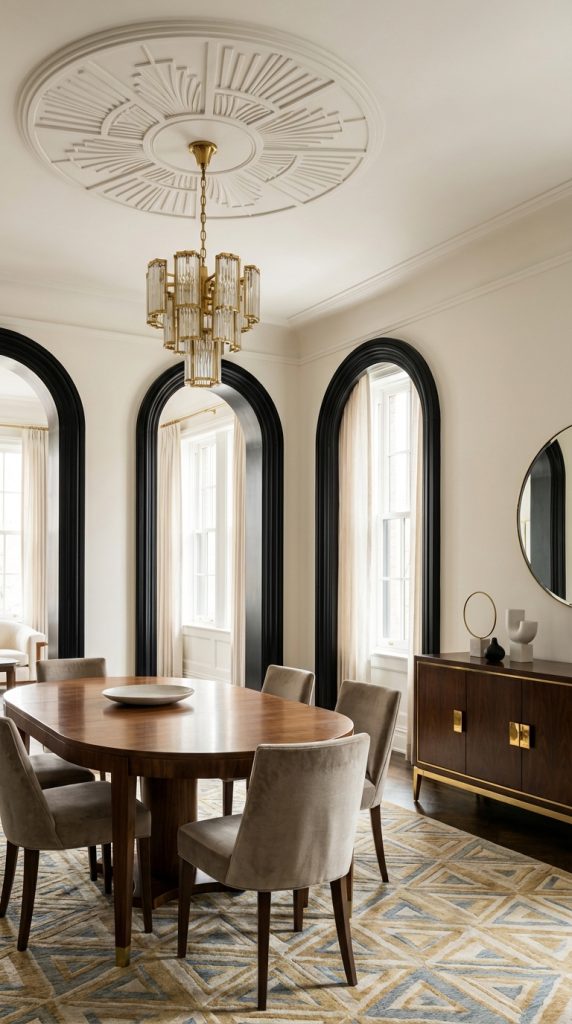 Black-trimmed arched windows, oval wood dining table, geometric rug, brass chandelier, and ceiling medallion define this art deco dining room idea.