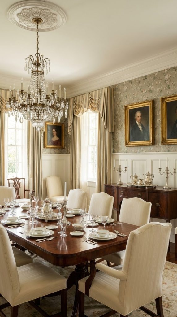 Mahogany pedestal dining table set with bone china and crystal glassware beneath a crystal chandelier in a vintage dining room idea with floral wallpaper and gilt portraits.