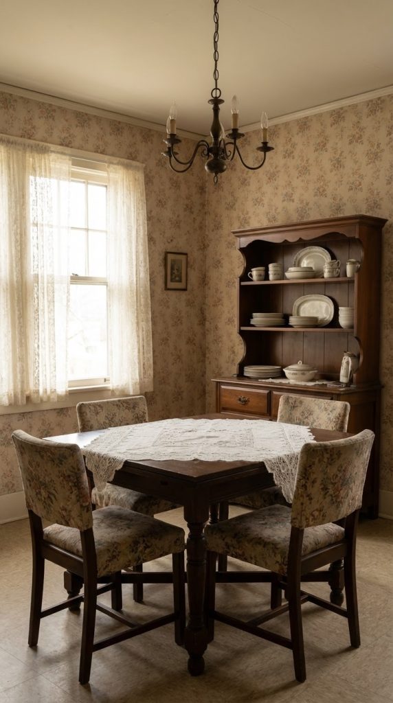 Square wooden pedestal table with lace cloth and floral upholstered chairs in a vintage dining room idea with rose wallpaper and wooden hutch.