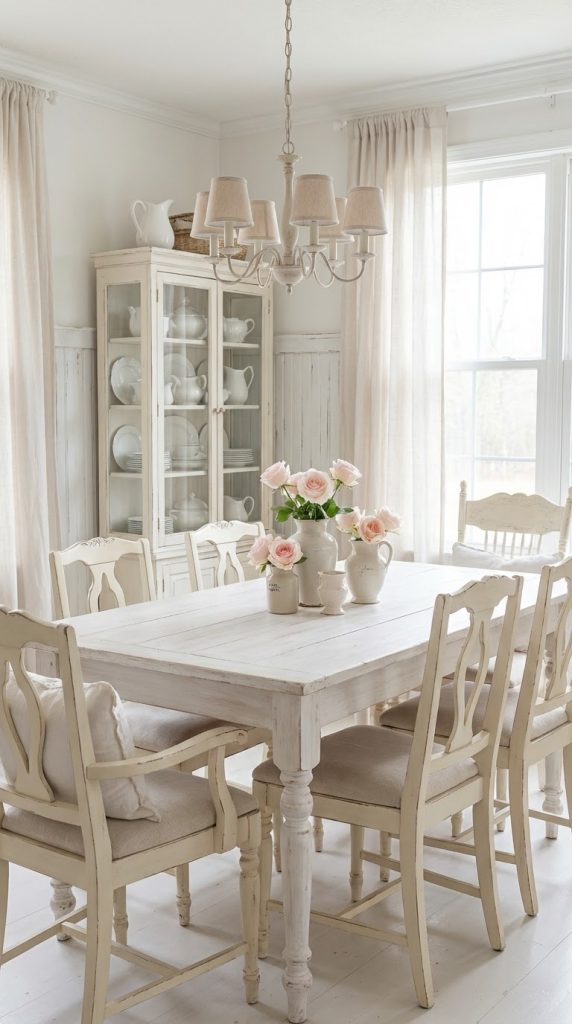 Whitewashed wood table with French country chairs in a vintage dining room idea featuring ironstone ceramics and sheer drapery.