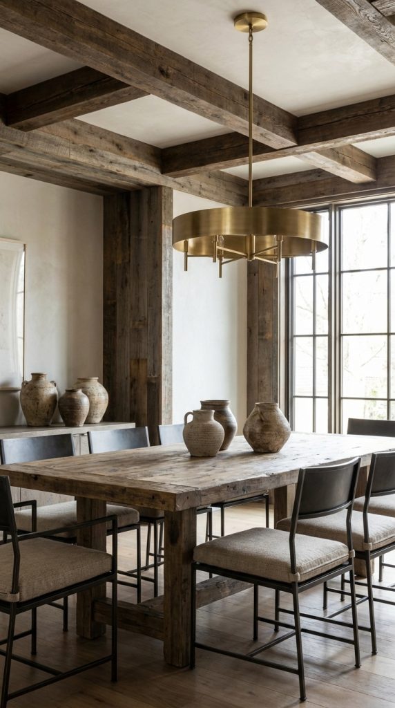 A textured dining room idea with reclaimed oak ceiling beams, solid plank wood table, black steel dining chairs, clay vases, hardwood floors, and a brushed brass chandelier.