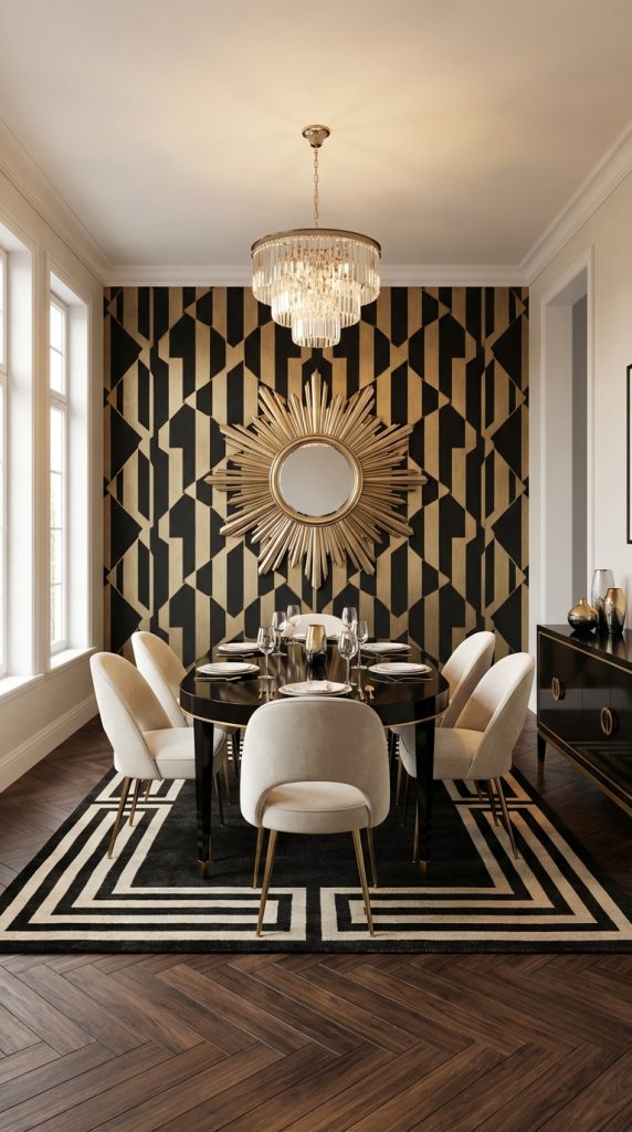 Art deco dining room idea with black and gold geometric wallpaper, large sunburst mirror, oval black dining table, ivory chairs with brass legs, crystal chandelier, and Greek key rug.
