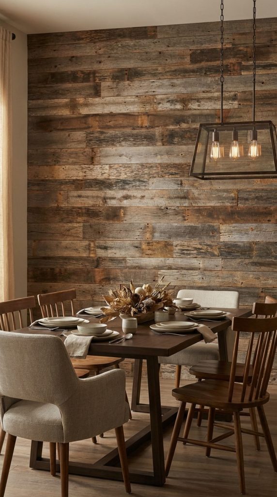 A textured dining room idea with reclaimed wood plank wall, solid wood trestle table, spindle-back chairs, linen armchair, and black metal glass pendant light.