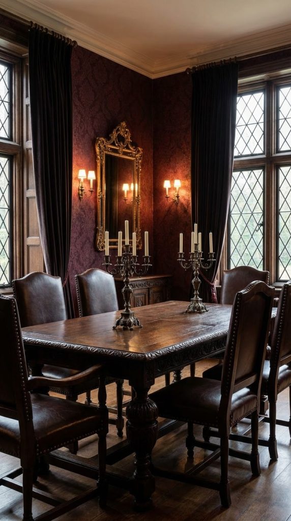 Oak dining table with turned pedestal, leather nailhead chairs, burgundy damask walls, leaded glass windows, and iron candelabras in a vintage dining room idea.