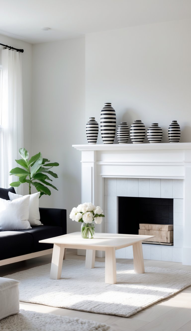A modern living room featuring a black sofa with white pillows, a light wooden coffee table, and a fluffy white rug. Above the fireplace, several black and white striped vases are displayed, while a green plant is positioned near the window. A vase of white flowers sits on the coffee table, adding a touch of elegance to the space.
