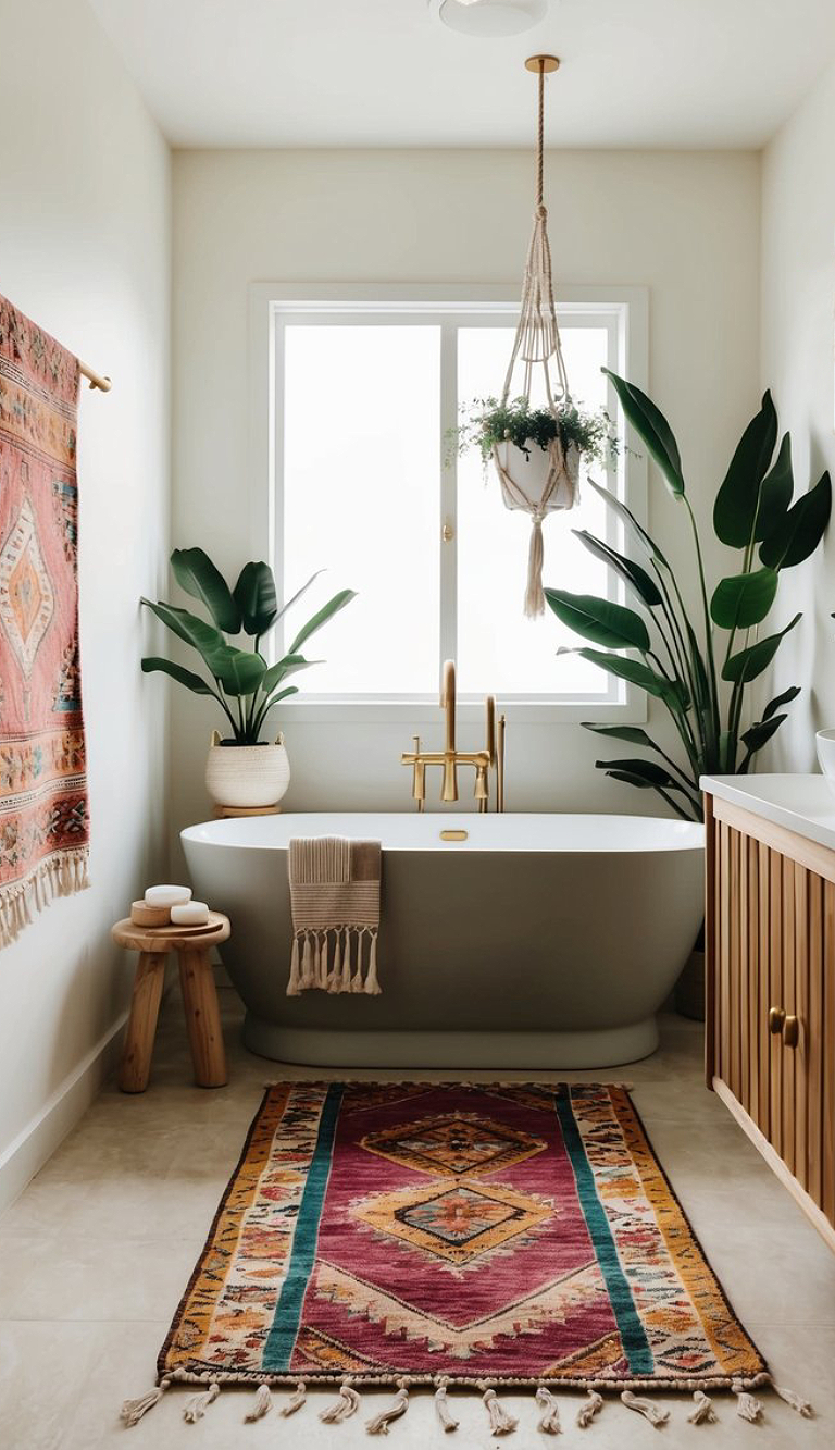 A modern bathroom featuring a freestanding bathtub with a gold faucet, surrounded by potted plants. A colorful, patterned rug lies on the tiled floor, and a macramé hanging planter with greenery is suspended from the ceiling, near a large window.